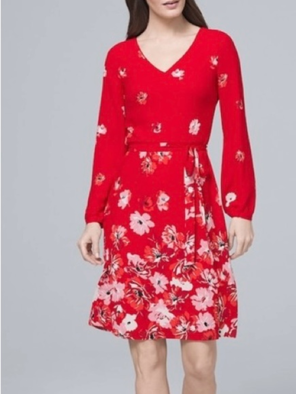 White House Black Market Red Floral V-Neck Long Sleeve Dress